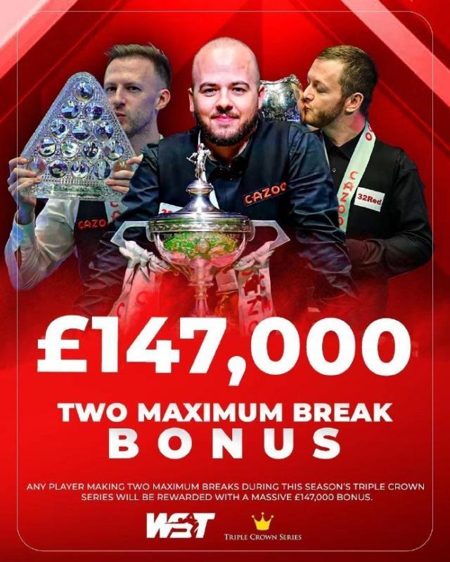 斯诺克官方:在三大赛打出2杆147者将获147000英镑